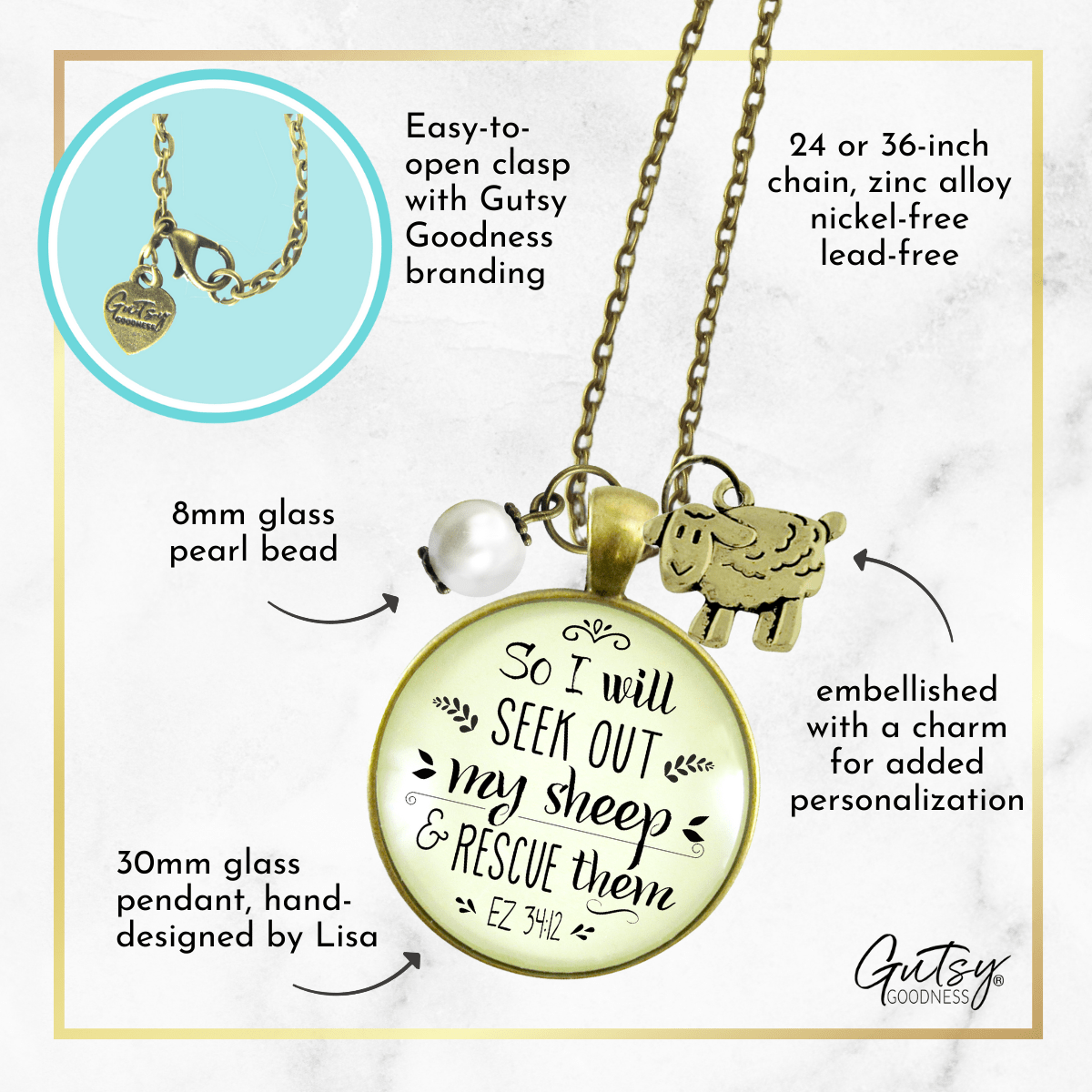 Gutsy Goodness Christian Necklace So I Will Seek Out My Sheep Jewelry Lamb Charm - Gutsy Goodness;Christian Necklace So I Will Seek Out My Sheep Jewelry Lamb Charm - Gutsy Goodness Handmade Jewelry Gifts