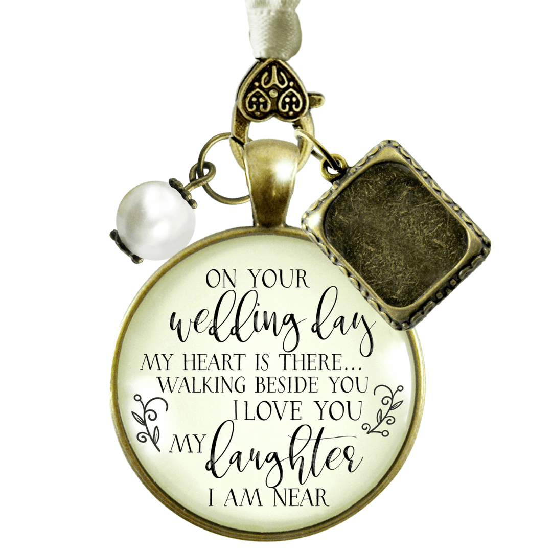 Bouquet Charm for Wedding Memory Missing You As I Walk Down Aisle Vintage  Bronze Cream Glass Pendant White Bead Frame Loving Remembrance Memorial