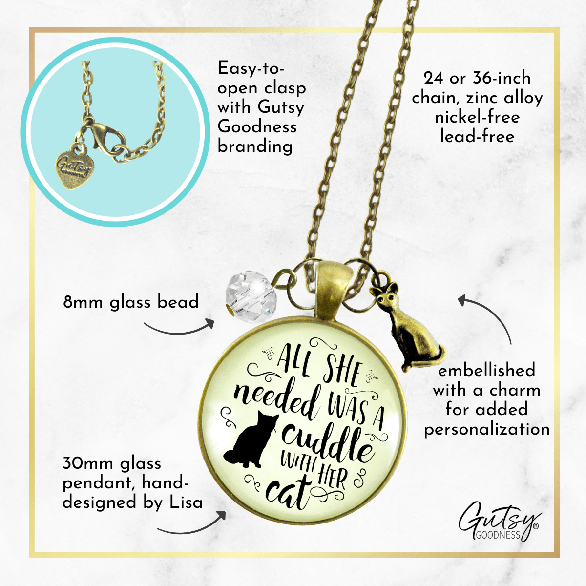Gutsy Goodness Cat Necklace All She Needed Was Cuddle Gift Quote Kitty Lover Related Cat Jewelry - Gutsy Goodness Handmade Jewelry;All She Needed Was A Cuddle With Her Cat - Gutsy Goodness Handmade Jewelry Gifts