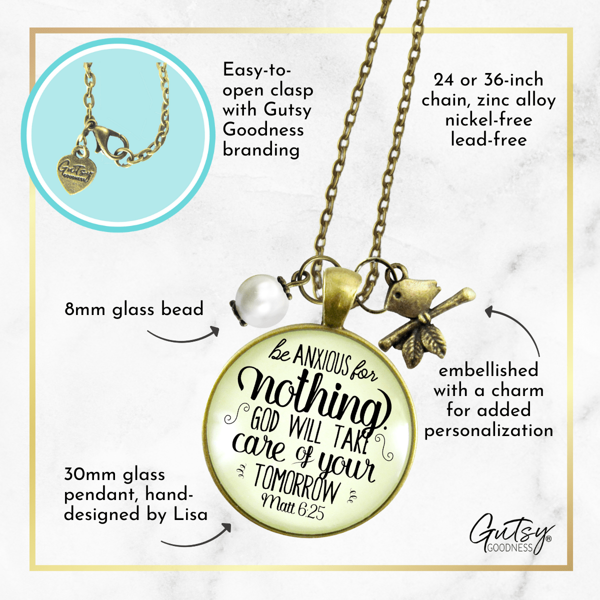 Gutsy Goodness Be Anxious for Nothing Necklace Believer Reminder Message Jewelry Brid Charm - Gutsy Goodness;Be Anxious For Nothing Necklace Believer Reminder Message Jewelry Brid Charm - Gutsy Goodness Handmade Jewelry Gifts