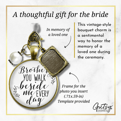 Bridal Bouquet Photo Charm Brother Beside White Wedding Memorial Picture Frame Jewel - Gutsy Goodness Handmade Jewelry Gifts
