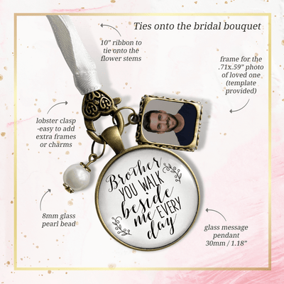 Bridal Bouquet Photo Charm Brother Beside White Wedding Memorial Picture Frame Jewel - Gutsy Goodness Handmade Jewelry Gifts