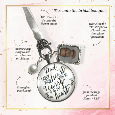 Photo Bouquet Charm Dad I Carry Heart Memorial Jewelry Wedding Silver Tone Keepsake - Gutsy Goodness Handmade Jewelry Gifts