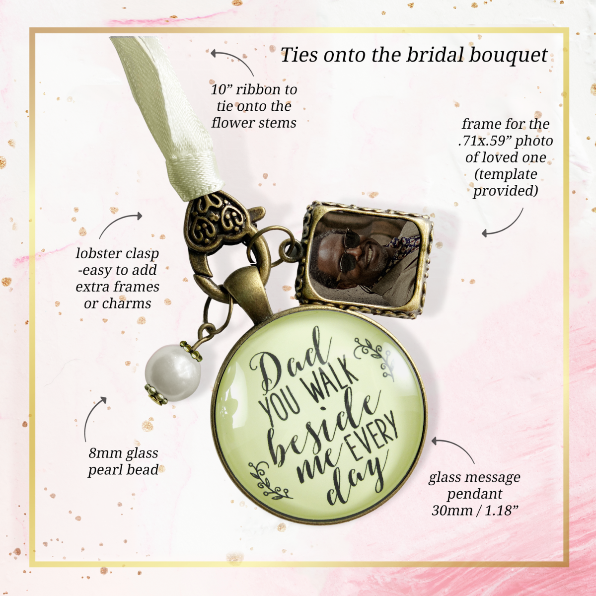 Bridal Bouquet Charm Dad Beside Me White Vintage Wedding Father Memorial Frame - Gutsy Goodness