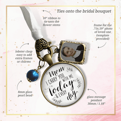 Mom I Carry You With Me Today and EVERY Day - BRONZE - WHITE - BLUE BEAD