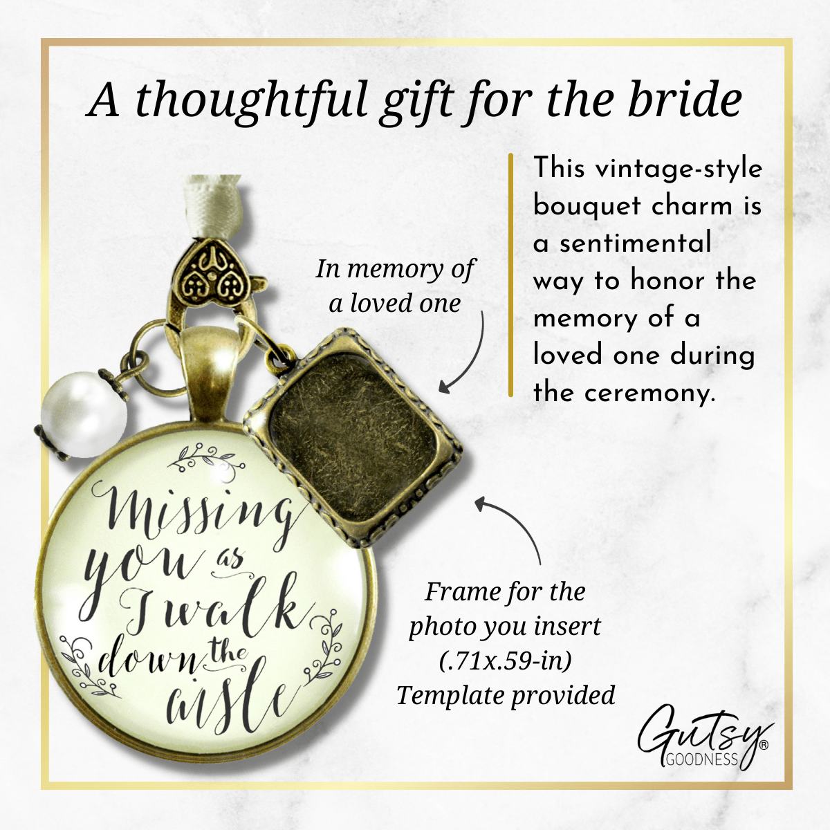 Missing You As I Walk Down Aisle Wedding Bouquet Memory Charm Memorial Photo Jewels - Gutsy Goodness Handmade Jewelry Gifts