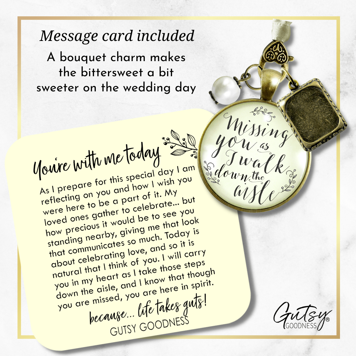 Missing You As I Walk Down Aisle Wedding Bouquet Memory Charm Memorial Photo Jewels - Gutsy Goodness Handmade Jewelry Gifts