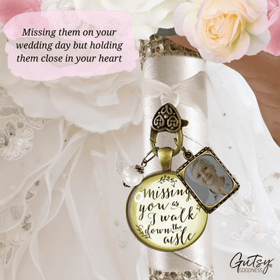 Missing You As I Walk Down Aisle Wedding Bouquet Memory Charm Memorial Photo Jewels - Gutsy Goodness Handmade Jewelry Gifts