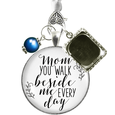 Wedding Bouquet Photo Charm Mom Beside Me White Bridal Memorial Jewelry Blue Bead - Gutsy Goodness Handmade Jewelry Gifts