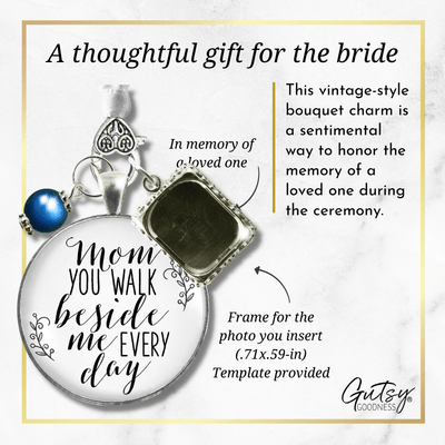 Wedding Bouquet Photo Charm Mom Beside Me White Bridal Memorial Jewelry Blue Bead - Gutsy Goodness Handmade Jewelry Gifts