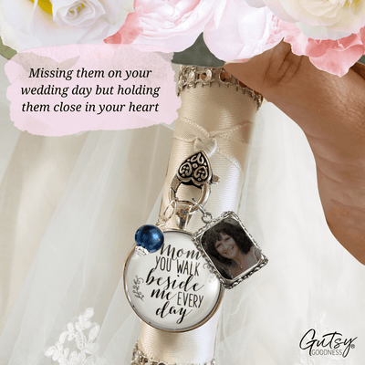Wedding Bouquet Photo Charm Mom Beside Me White Bridal Memorial Jewelry Blue Bead - Gutsy Goodness Handmade Jewelry Gifts