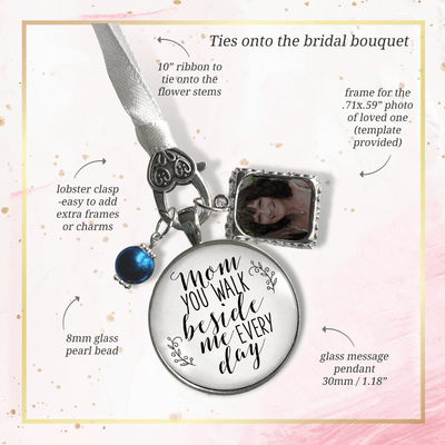 Wedding Bouquet Photo Charm Mom Beside Me White Bridal Memorial Jewelry Blue Bead - Gutsy Goodness Handmade Jewelry Gifts