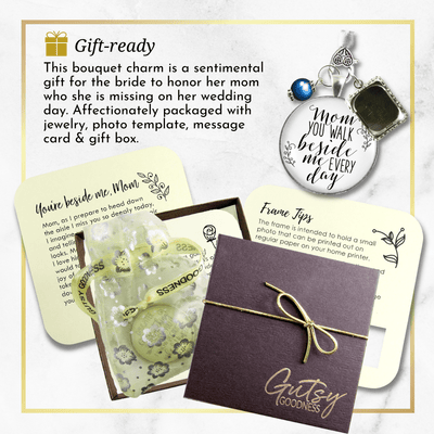 Wedding Bouquet Photo Charm Mom Beside Me White Bridal Memorial Jewelry Blue Bead - Gutsy Goodness Handmade Jewelry Gifts