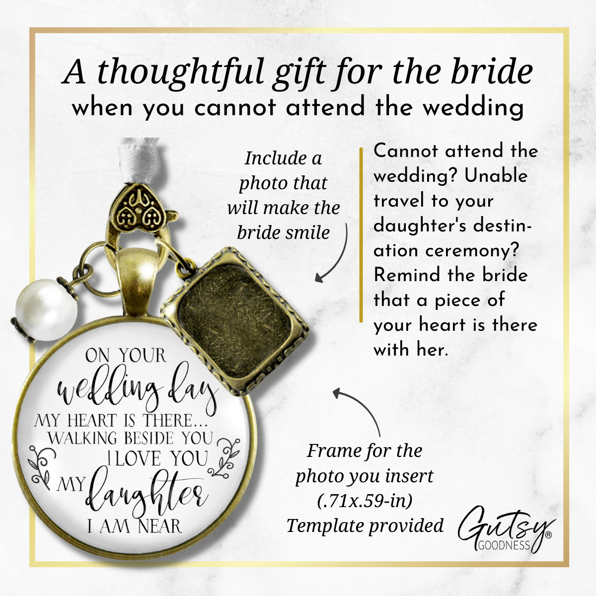 On Your Wedding Day MY Heart Is There Walking Beside You DAUGHTER - DESTINATION BRONZE - WHITE - WHITE BEAD
