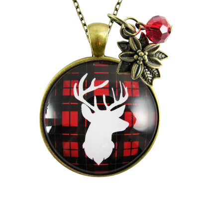 Deer Necklace Antlers Hunter Red Plaid Christmas Jewelry Holiday Gift