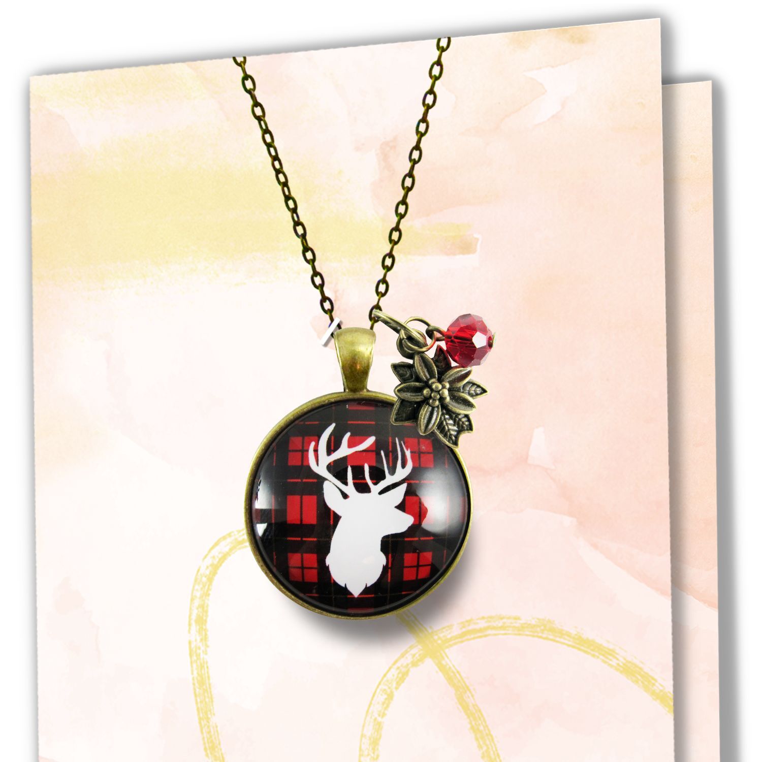 Deer Necklace Antlers Hunter Red Plaid Christmas Jewelry Holiday Gift
