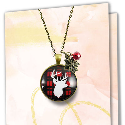 Deer Necklace Antlers Hunter Red Plaid Christmas Jewelry Holiday Gift