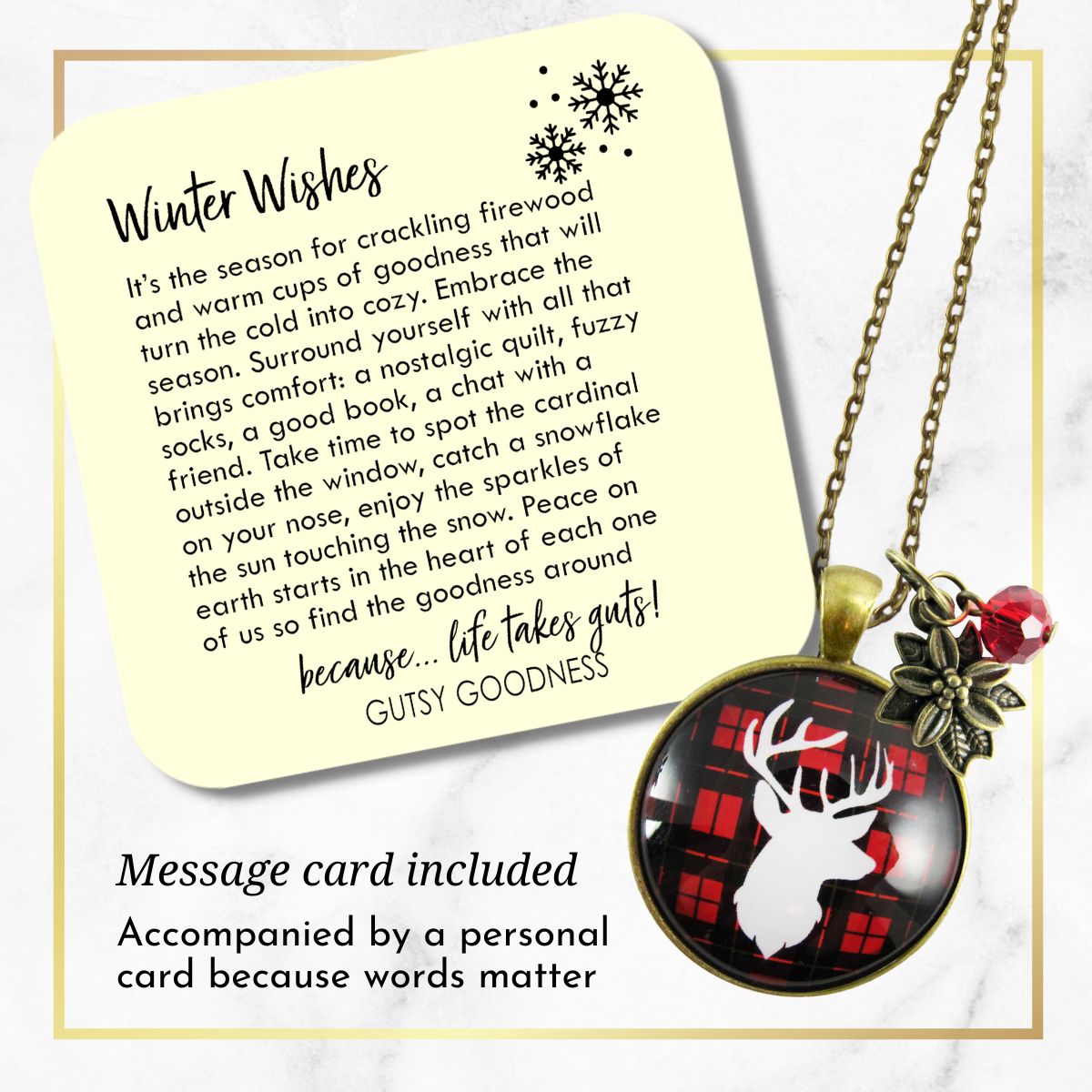 Deer Necklace Antlers Hunter Red Plaid Christmas Jewelry Holiday Gift