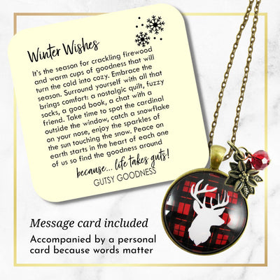 Deer Necklace Antlers Hunter Red Plaid Christmas Jewelry Holiday Gift