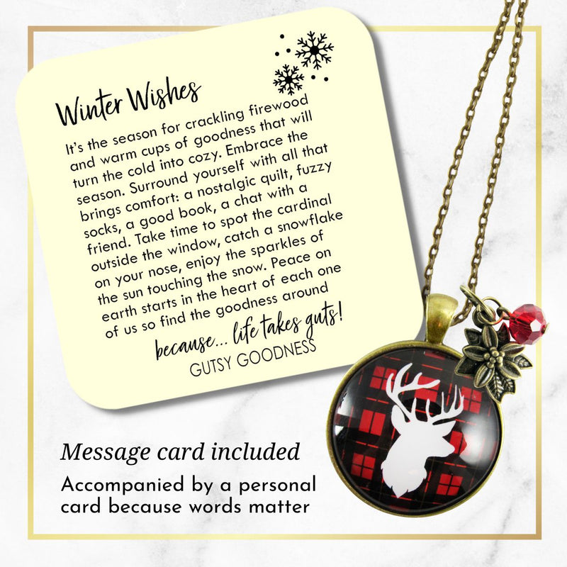 Deer Necklace Antlers Hunter Red Plaid Christmas Jewelry Holiday Gift