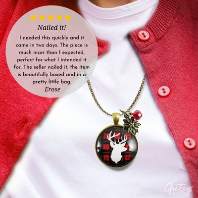 Deer Necklace Antlers Hunter Red Plaid Christmas Jewelry Holiday Gift