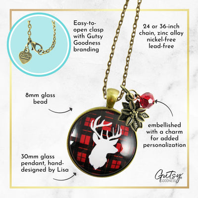 Deer Necklace Antlers Hunter Red Plaid Christmas Jewelry Holiday Gift