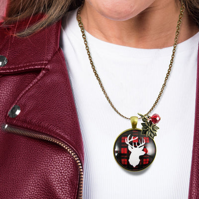 Deer Necklace Antlers Hunter Red Plaid Christmas Jewelry Holiday Gift