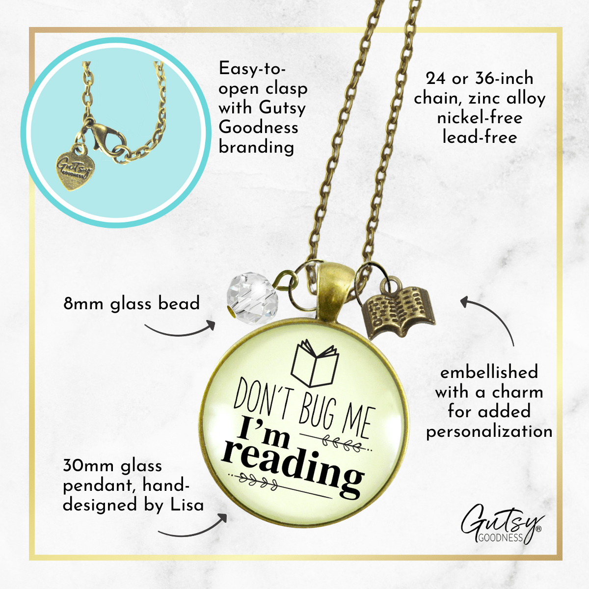 Gutsy Goodness Book Necklace Don't Bug Me I'm Reading Readers Author Jewelry Charm - Gutsy Goodness Handmade Jewelry;Book Necklace Don't Bug Me I'm Reading Readers Author Jewelry Charm - Gutsy Goodness Handmade Jewelry Gifts