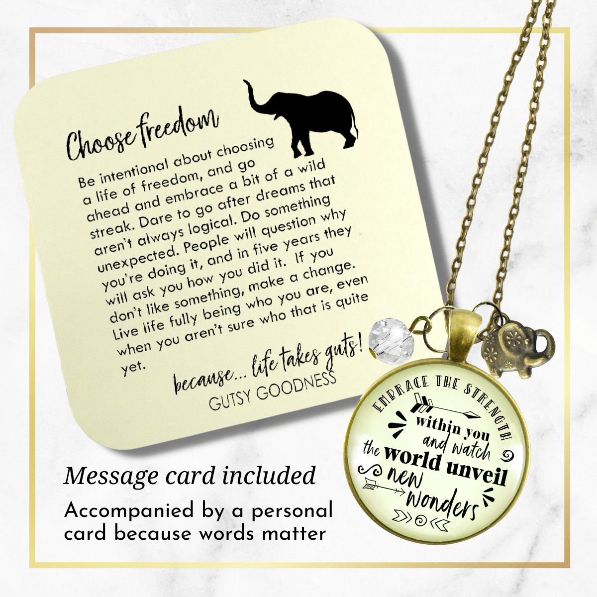 Gutsy Goodness Elephant Necklace Embrace Strength Within You Empower Boho Jewelry Mantra Pendant - Gutsy Goodness Handmade Jewelry;Elephant Necklace Embrace Strength Within You Empower Boho Jewelry Mantra Pendant - Gutsy Goodness Handmade Jewelry Gifts