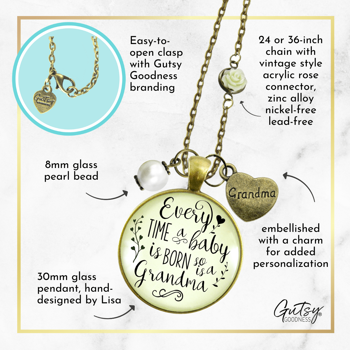 Gutsy Goodness New Grandma Necklace Baby Born Jewelry Gift from Daughter Rose Chain - Gutsy Goodness Handmade Jewelry;New Grandma Necklace Baby Born Jewelry Gift From Daughter Rose Chain - Gutsy Goodness Handmade Jewelry Gifts
