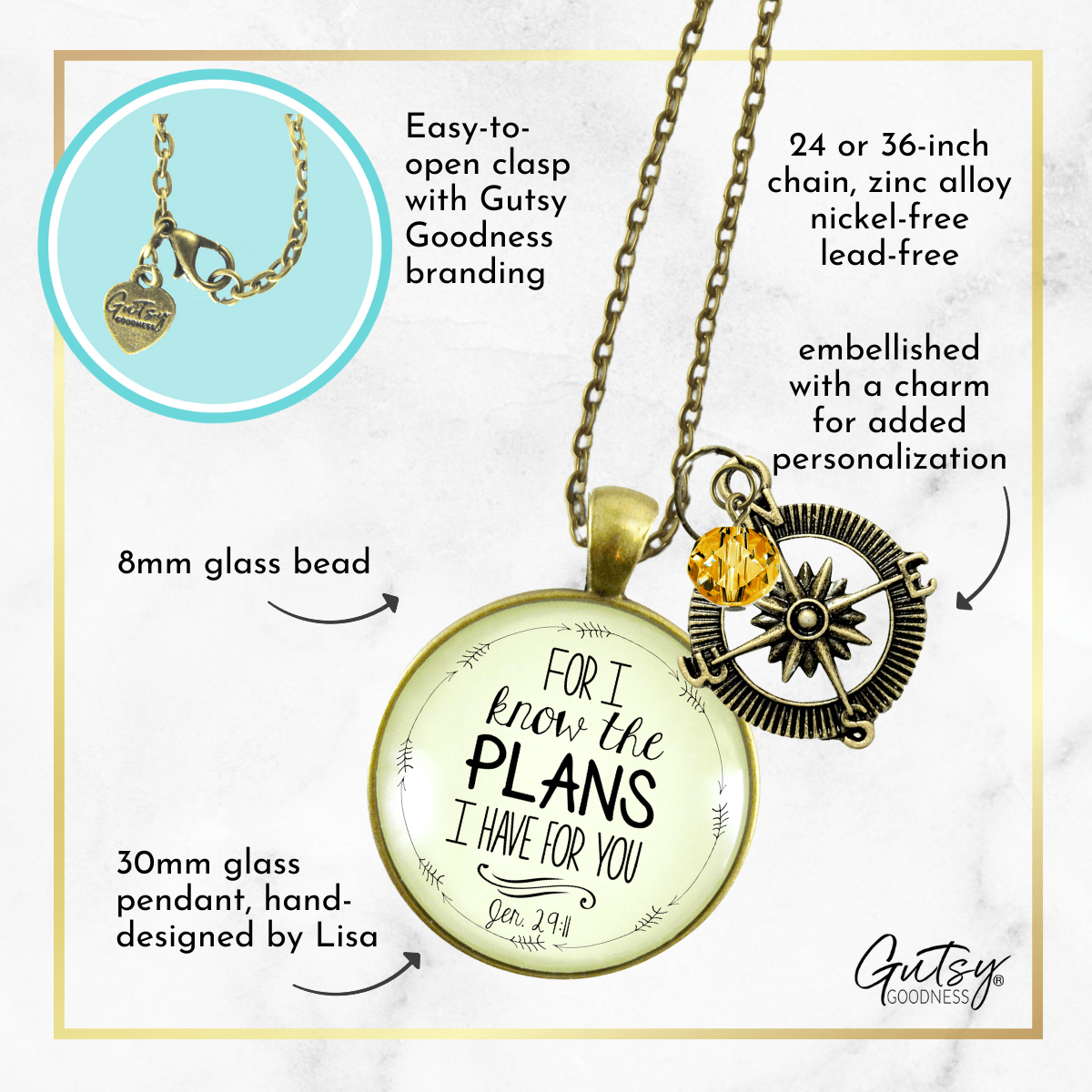 Gutsy Goodness For I Know Plans I Have for You Necklace Faith Inspired Compass Jewelry - Gutsy Goodness Handmade Jewelry;For I Know The Plans - Cream Brown Bead - Gutsy Goodness Handmade Jewelry Gifts