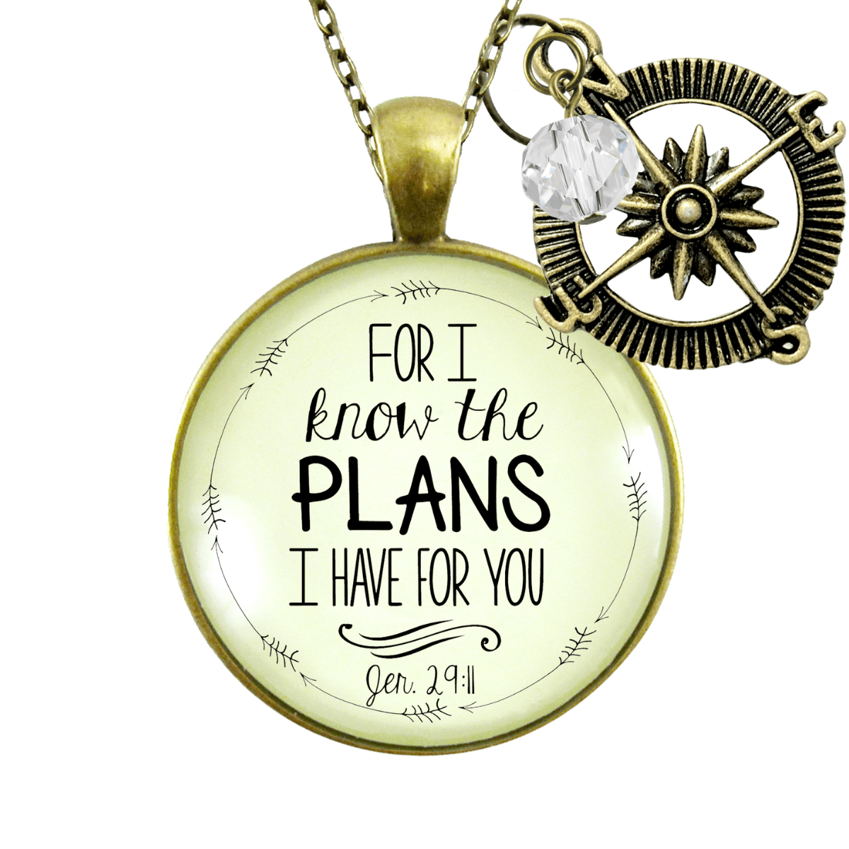 For I Know Plans I Have for You Necklace Faith Inspired Compass Jewelry Clear Bead - Gutsy Goodness