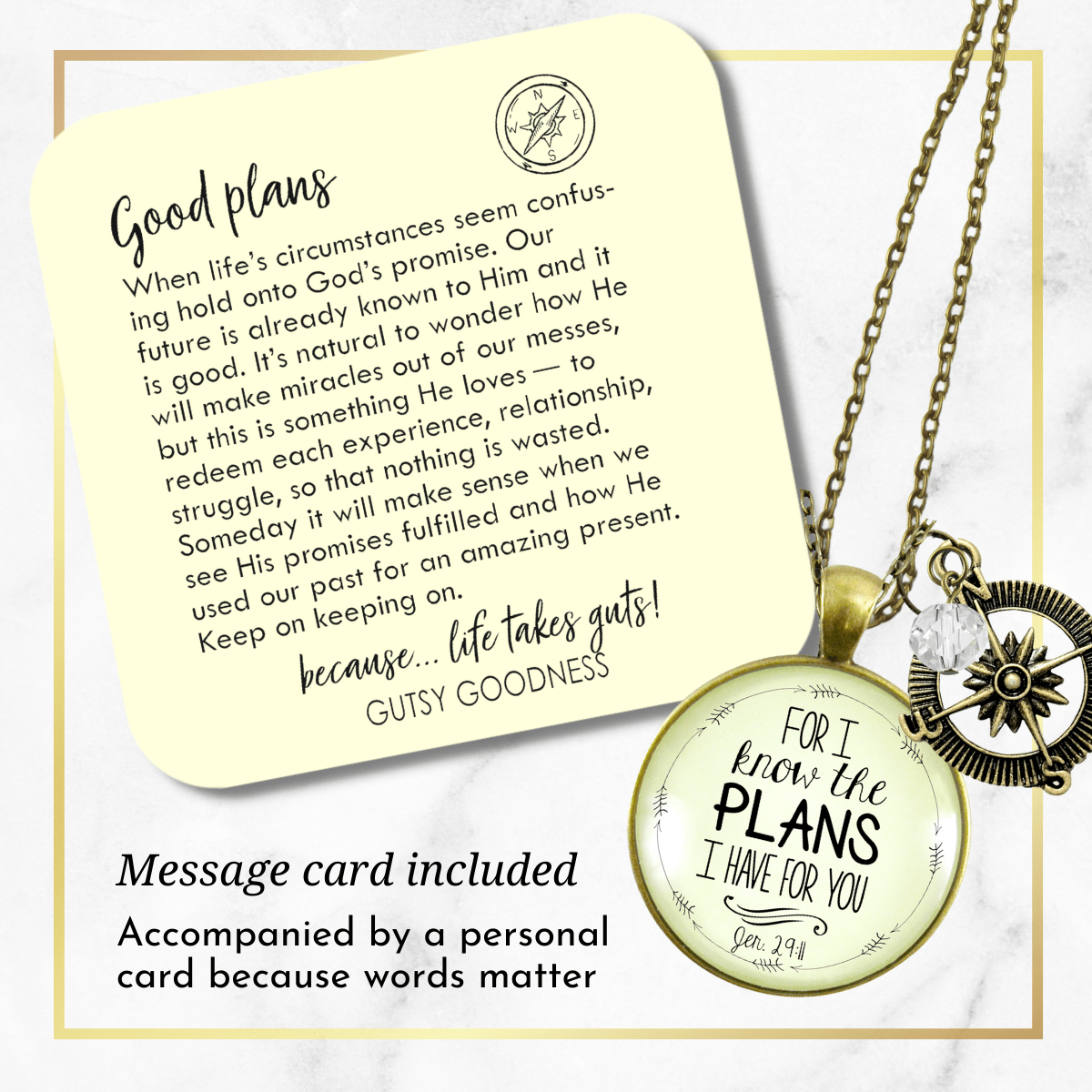 For I Know Plans I Have for You Necklace Faith Inspired Compass Jewelry Clear Bead - Gutsy Goodness