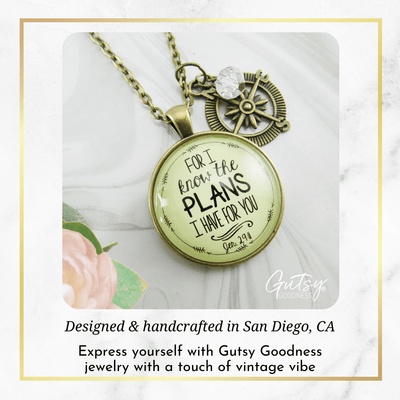 For I Know Plans I Have for You Necklace Faith Inspired Compass Jewelry Clear Bead - Gutsy Goodness