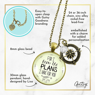 For I Know Plans I Have for You Necklace Faith Inspired Compass Jewelry Clear Bead - Gutsy Goodness