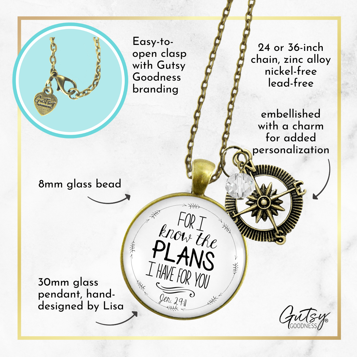 Gutsy Goodness Faith Compass Necklace for I Know Plans Jeremiah 29 11 Quote Jewelry - Gutsy Goodness Handmade Jewelry;Faith Compass Necklace For I Know Plans Jeremiah 29 11 Quote Jewelry - Gutsy Goodness Handmade Jewelry Gifts