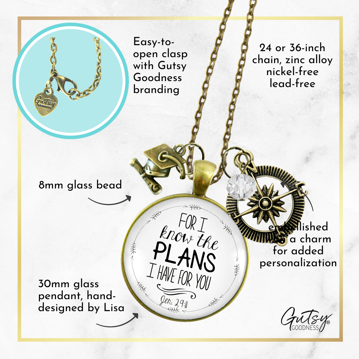 Gutsy Goodness Christian Graduate Necklace for I Know Plans Jeremiah 29 11 Compass - Gutsy Goodness Handmade Jewelry;Christian Graduate Necklace For I Know Plans Jeremiah 29 11 Compass - Gutsy Goodness Handmade Jewelry Gifts