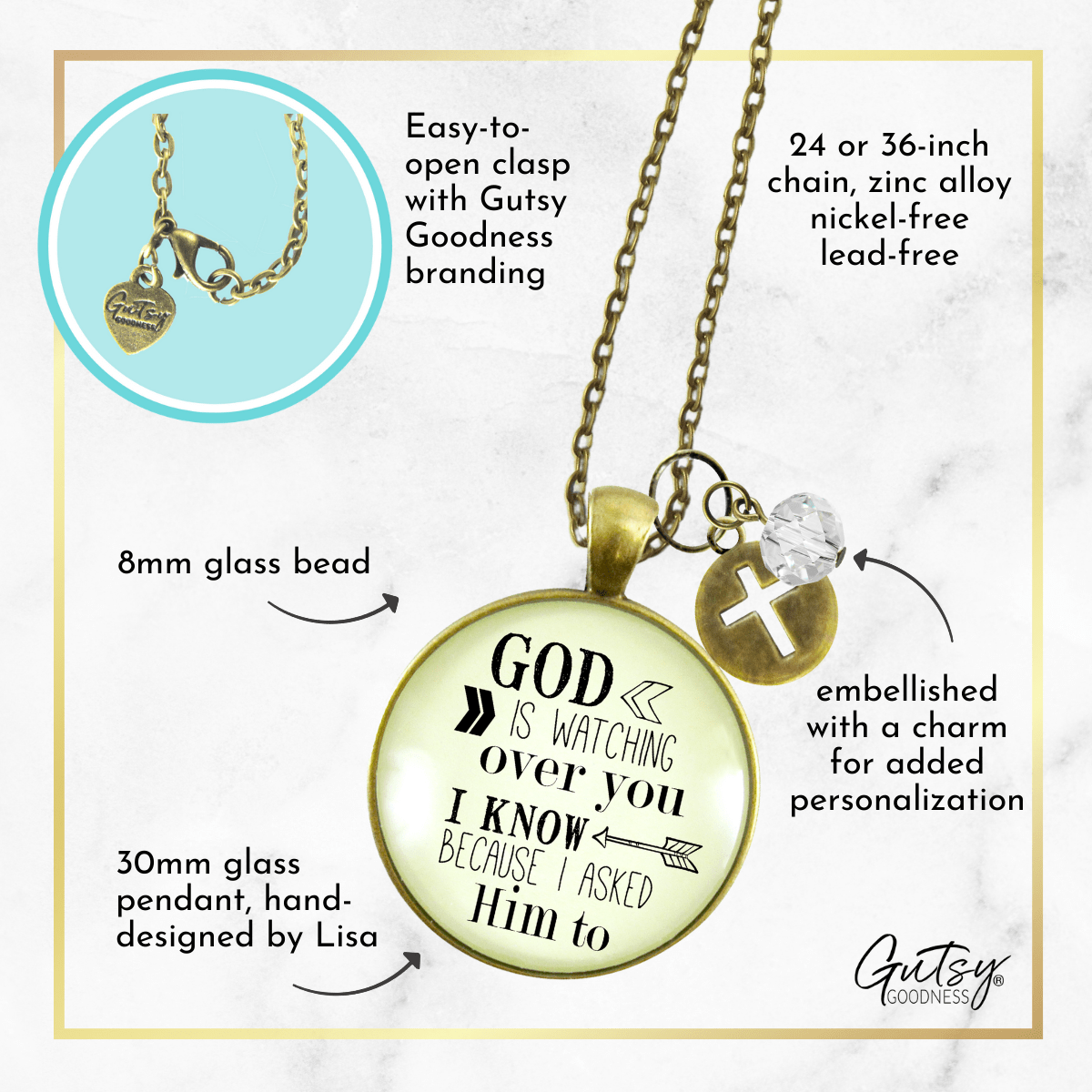 Gutsy Goodness Faith Necklace He is Watching Over You Vintage Charm Jewelry - Gutsy Goodness;Faith Necklace He Is Watching Over You Vintage Charm Jewelry - Gutsy Goodness Handmade Jewelry Gifts