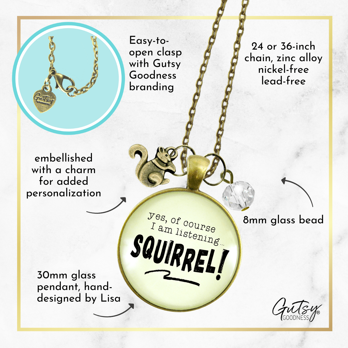 Gutsy Goodness Squirrel Necklace ADHD Funny Listening Focus Jewelry Animal Charm - Gutsy Goodness Handmade Jewelry;Squirrel Necklace Adhd Funny Listening Focus Jewelry Animal Charm - Gutsy Goodness Handmade Jewelry Gifts