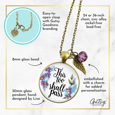This Too Shall Pass Necklace Inspirational Floral Watercolor Jewelry