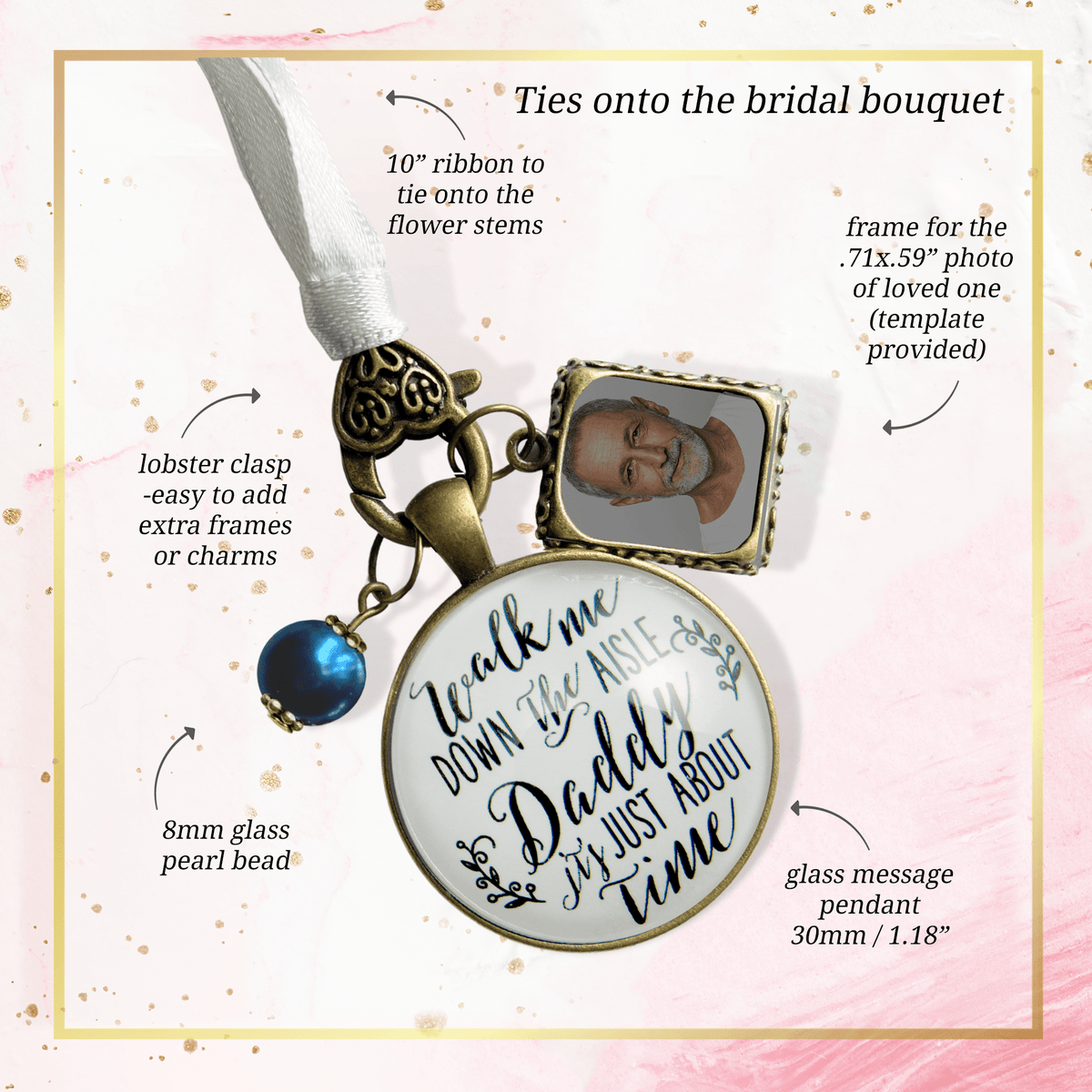 Wedding Bouquet Charm Walk Me Down Aisle Daddy Rustic Memory White Blue Photo Frame - Gutsy Goodness;Wedding Bouquet Charm Walk Me Down Aisle Daddy Rustic Memory White Blue Photo Frame - Gutsy Goodness Handmade Jewelry Gifts