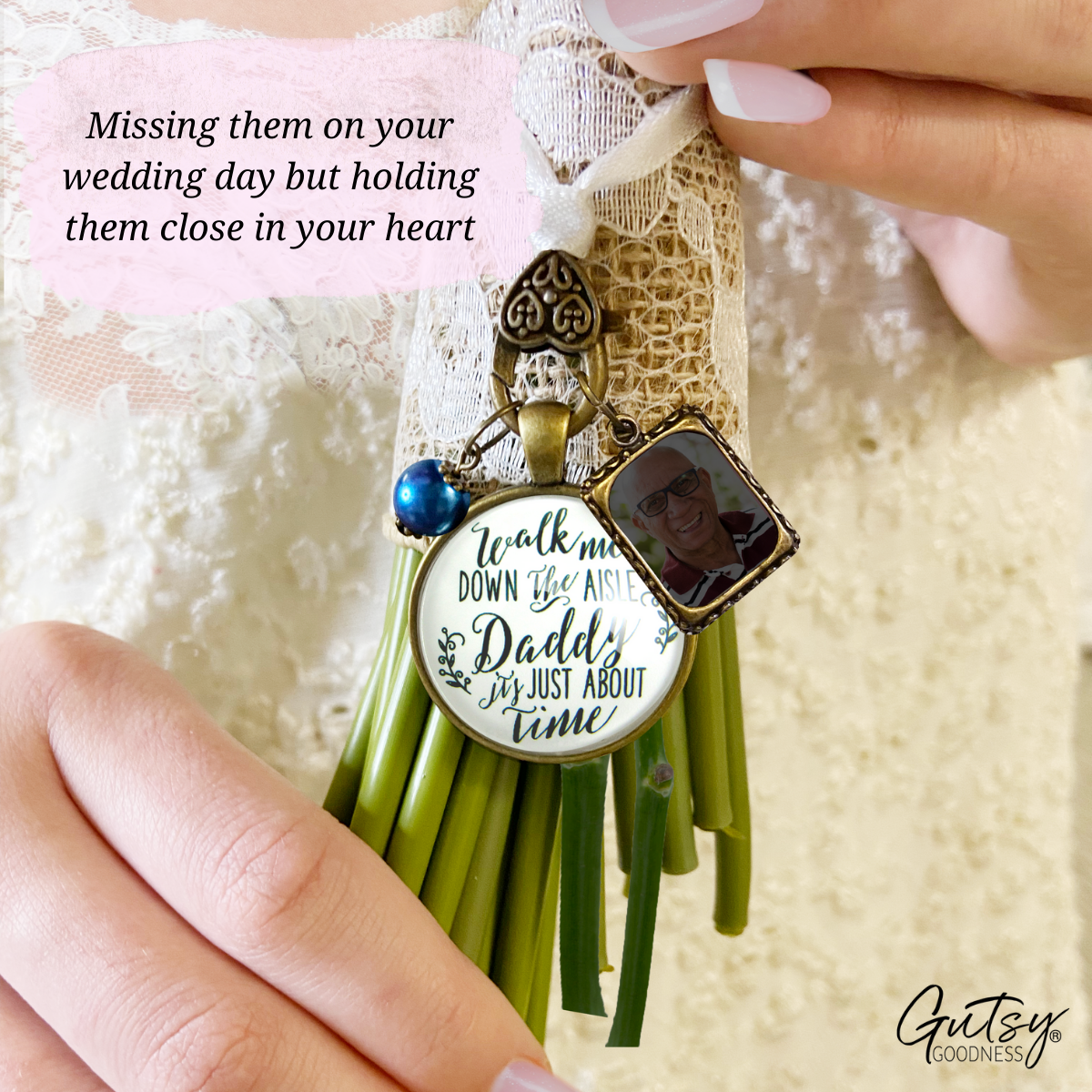 Wedding Bouquet Charm Walk Me Down Aisle Daddy Rustic Memory White Blue Photo Frame - Gutsy Goodness;Wedding Bouquet Charm Walk Me Down Aisle Daddy Rustic Memory White Blue Photo Frame - Gutsy Goodness Handmade Jewelry Gifts