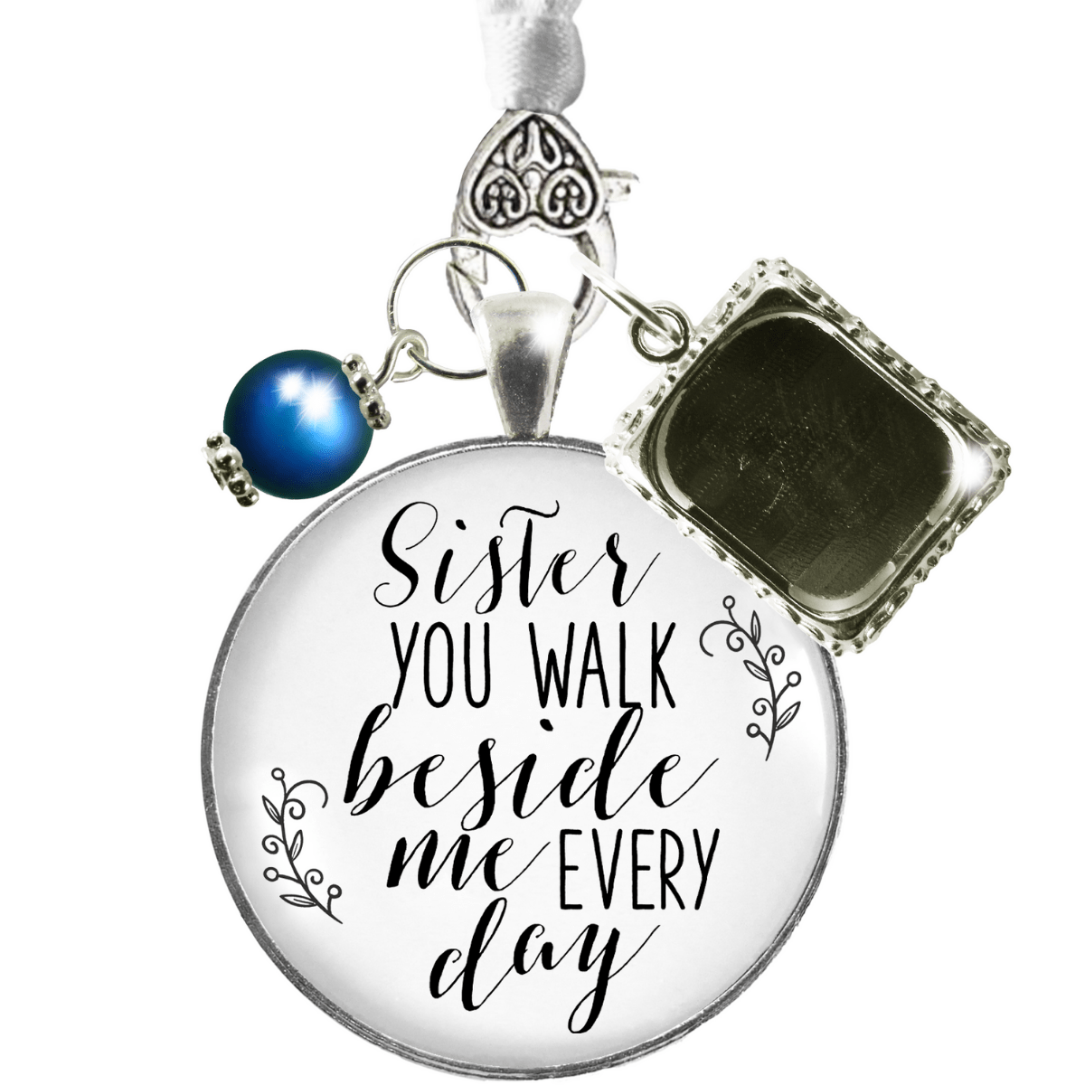 Bridal Bouquet Photo Charm Sister Beside Photo Wedding Jewelry White Silvertone Blue - Gutsy Goodness Handmade Jewelry Gifts