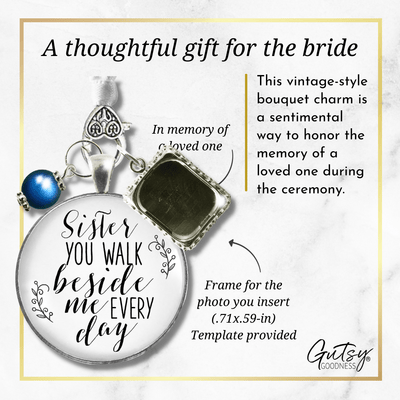 Bridal Bouquet Photo Charm Sister Beside Photo Wedding Jewelry White Silvertone Blue - Gutsy Goodness Handmade Jewelry Gifts