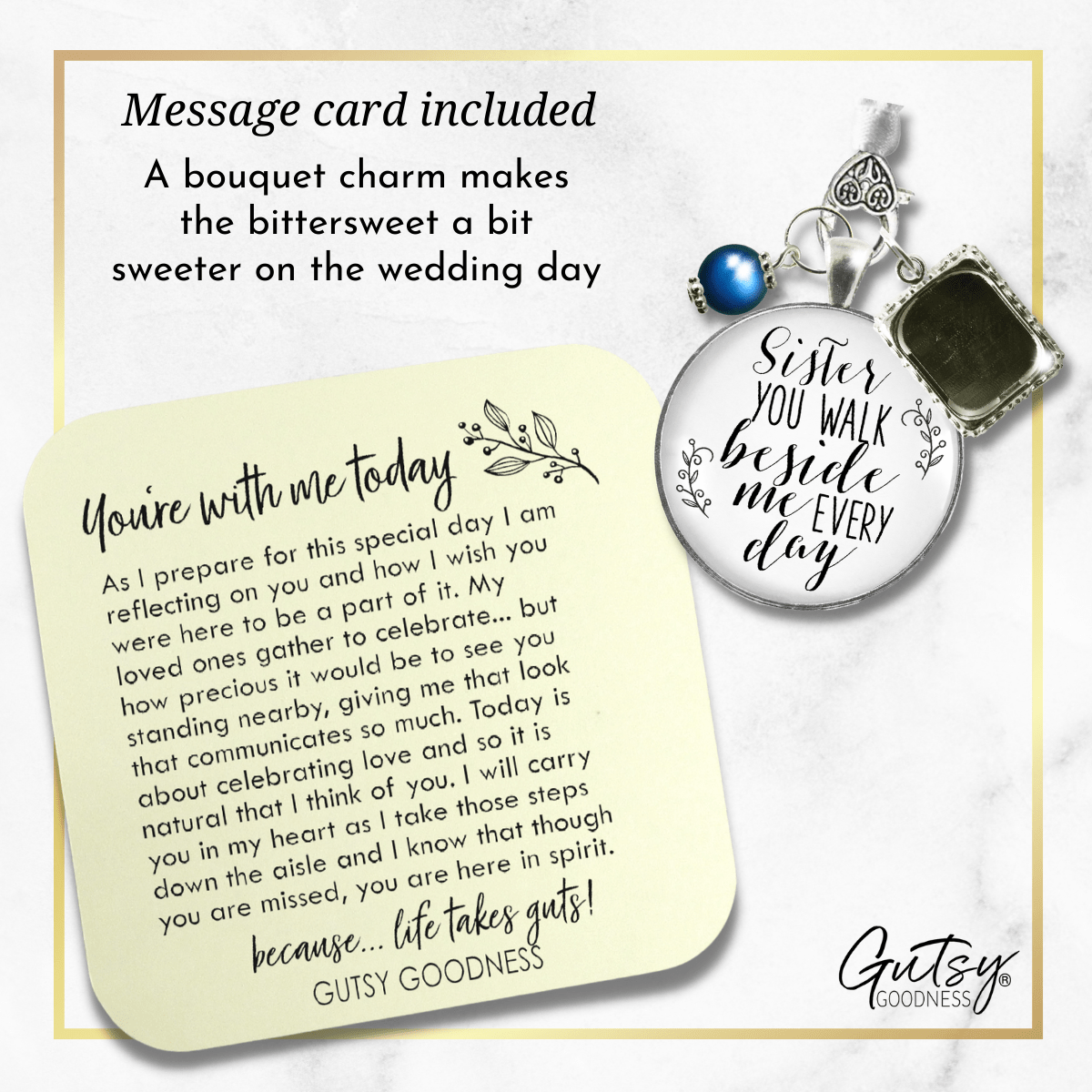 Bridal Bouquet Photo Charm Sister Beside Photo Wedding Jewelry White Silvertone Blue - Gutsy Goodness Handmade Jewelry Gifts