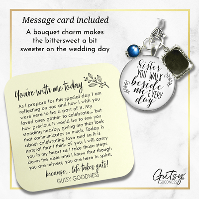 Bridal Bouquet Photo Charm Sister Beside Photo Wedding Jewelry White Silvertone Blue - Gutsy Goodness Handmade Jewelry Gifts