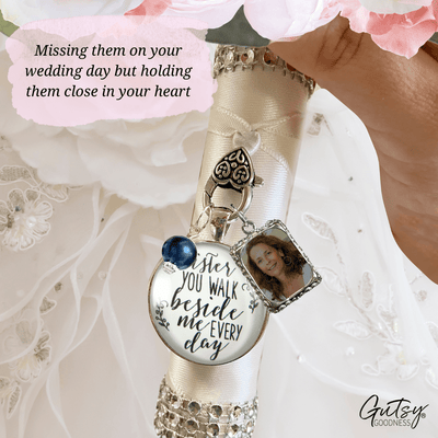 Bridal Bouquet Photo Charm Sister Beside Photo Wedding Jewelry White Silvertone Blue - Gutsy Goodness Handmade Jewelry Gifts