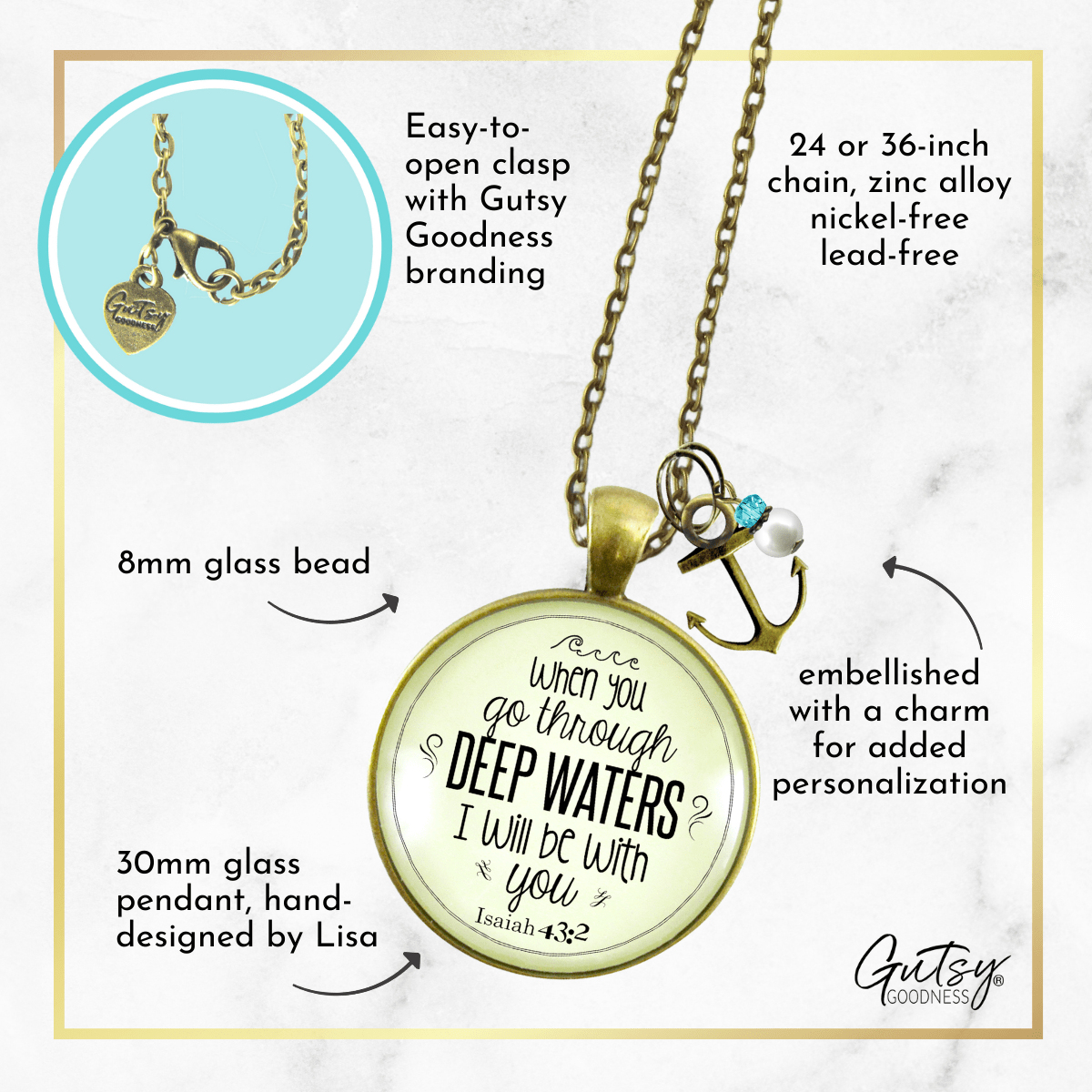 Gutsy Goodness Faith Necklace Go Through Deep Waters Encouragement Scripture Jewelry - Gutsy Goodness;Faith Necklace Go Through Deep Waters Encouragement Scripture Jewelry - Gutsy Goodness Handmade Jewelry Gifts