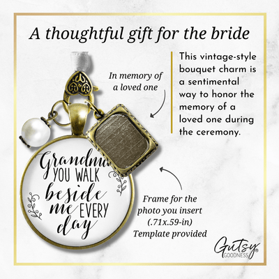 Grandmother Wedding Bouquet Charm Beside Me Photo Frame Memorial White Jewelry - Gutsy Goodness Handmade Jewelry Gifts