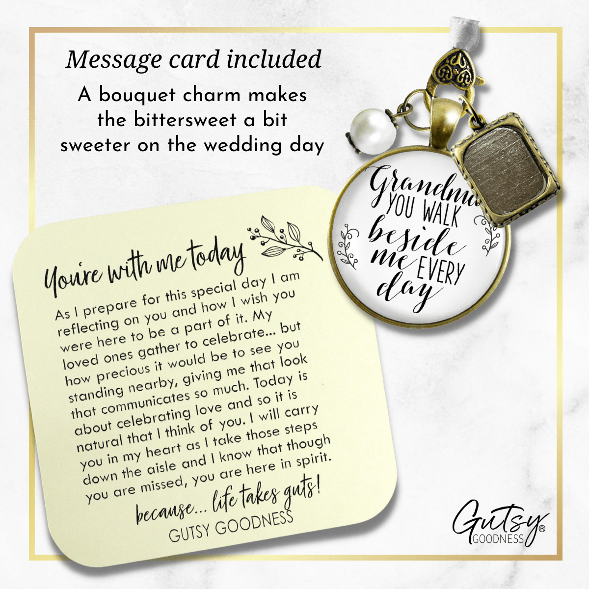 Grandmother Wedding Bouquet Charm Beside Me Photo Frame Memorial White Jewelry - Gutsy Goodness Handmade Jewelry Gifts